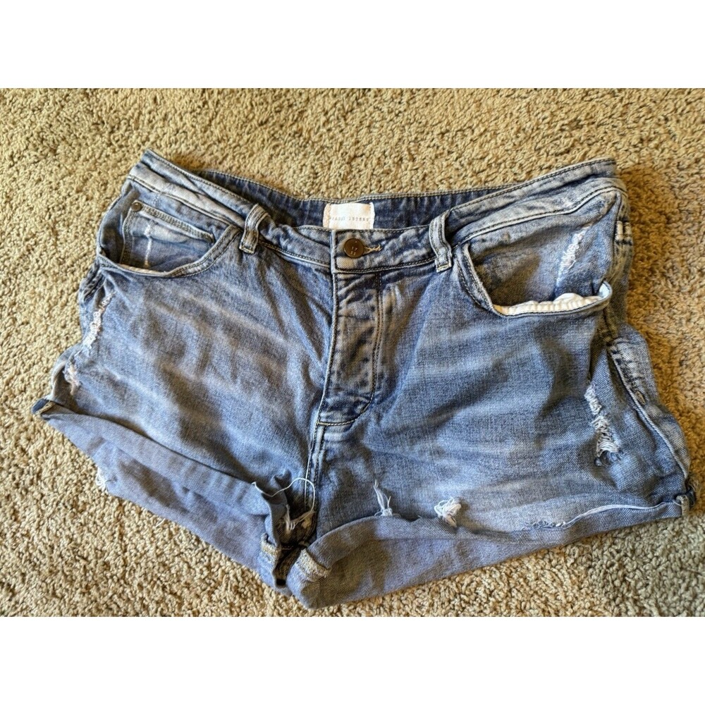 Gilded Intent High Rise Distressed Denim Shorts Blue Button Women's Size 29